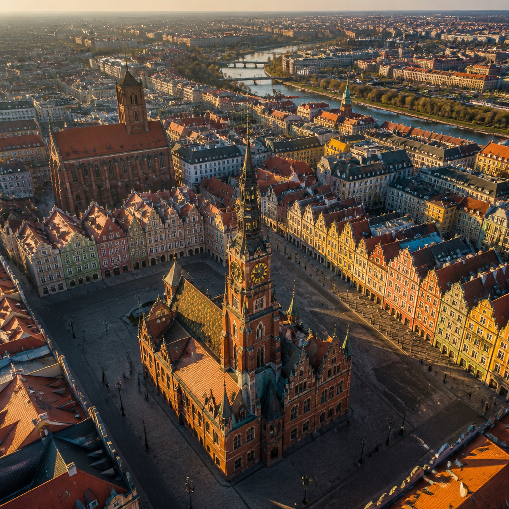 Widok z lotu ptaka na Stary Rynek w Poznaniu z helikoptera