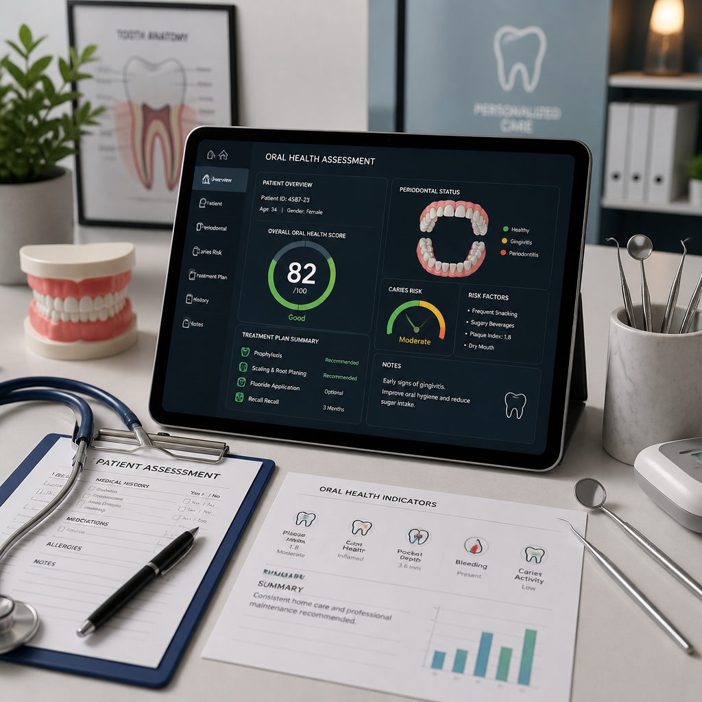 Clinical workspace with healthcare tools and patient assessment materials