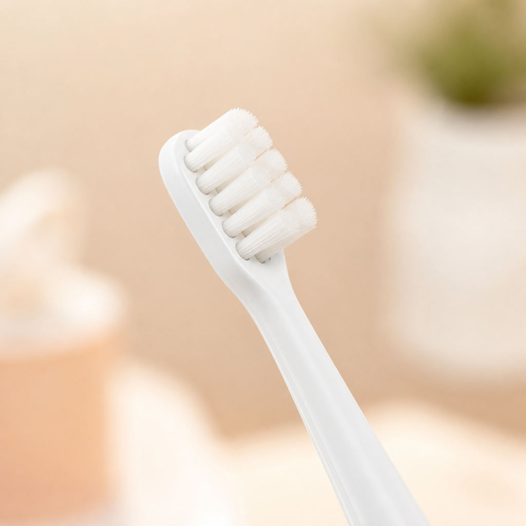 Detail shot of extra small toothbrush head with fine bristles