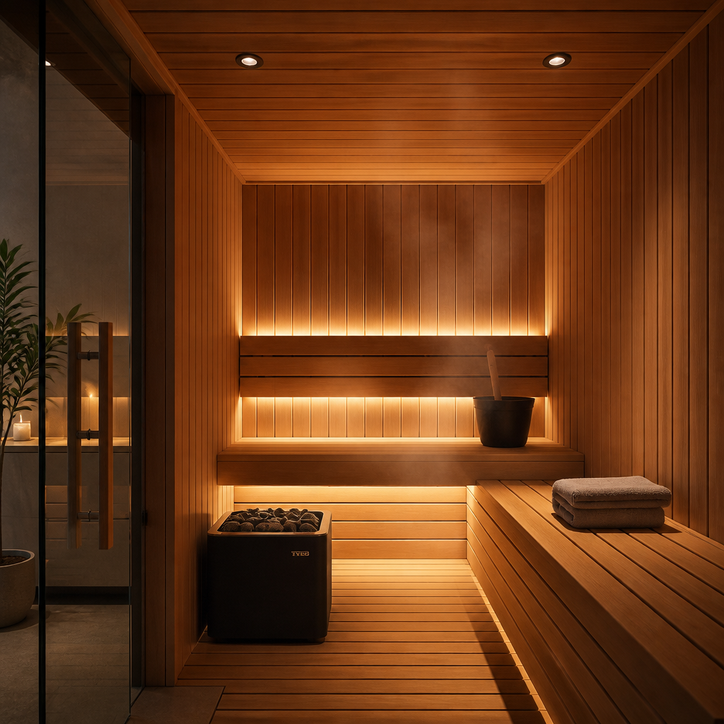 Interior moderno de sauna doméstica com painéis de madeira quente e vapor suave