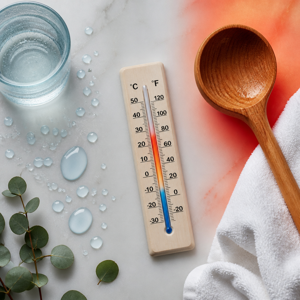Composição plana de elementos de recuperação e bem-estar com termómetro e acessórios de sauna