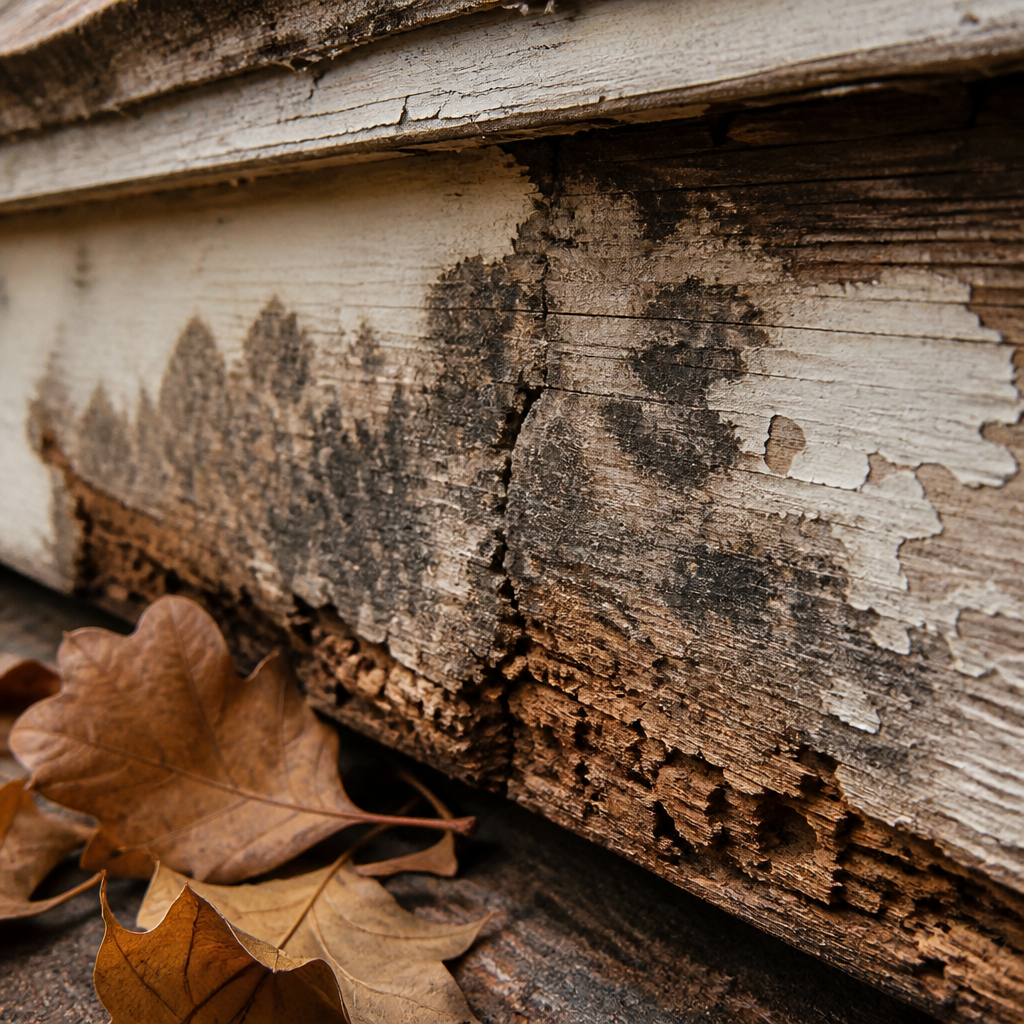 Rotted fascia board with water damage from blocked gutters
