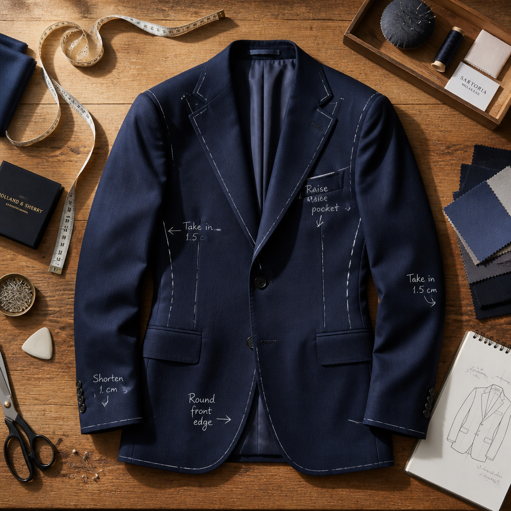 Tailoring workspace with suit jacket marked for alterations and measuring tools