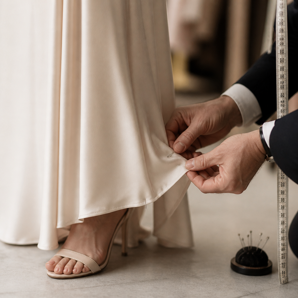 Tailor's hands pinning and measuring a formal dress hem for alteration