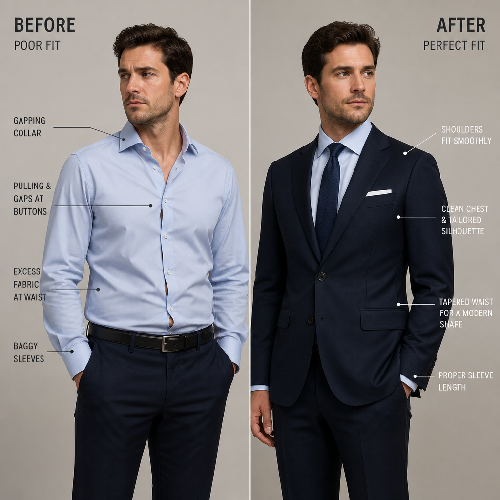 Before and after comparison of suit fit transformation through professional alterations