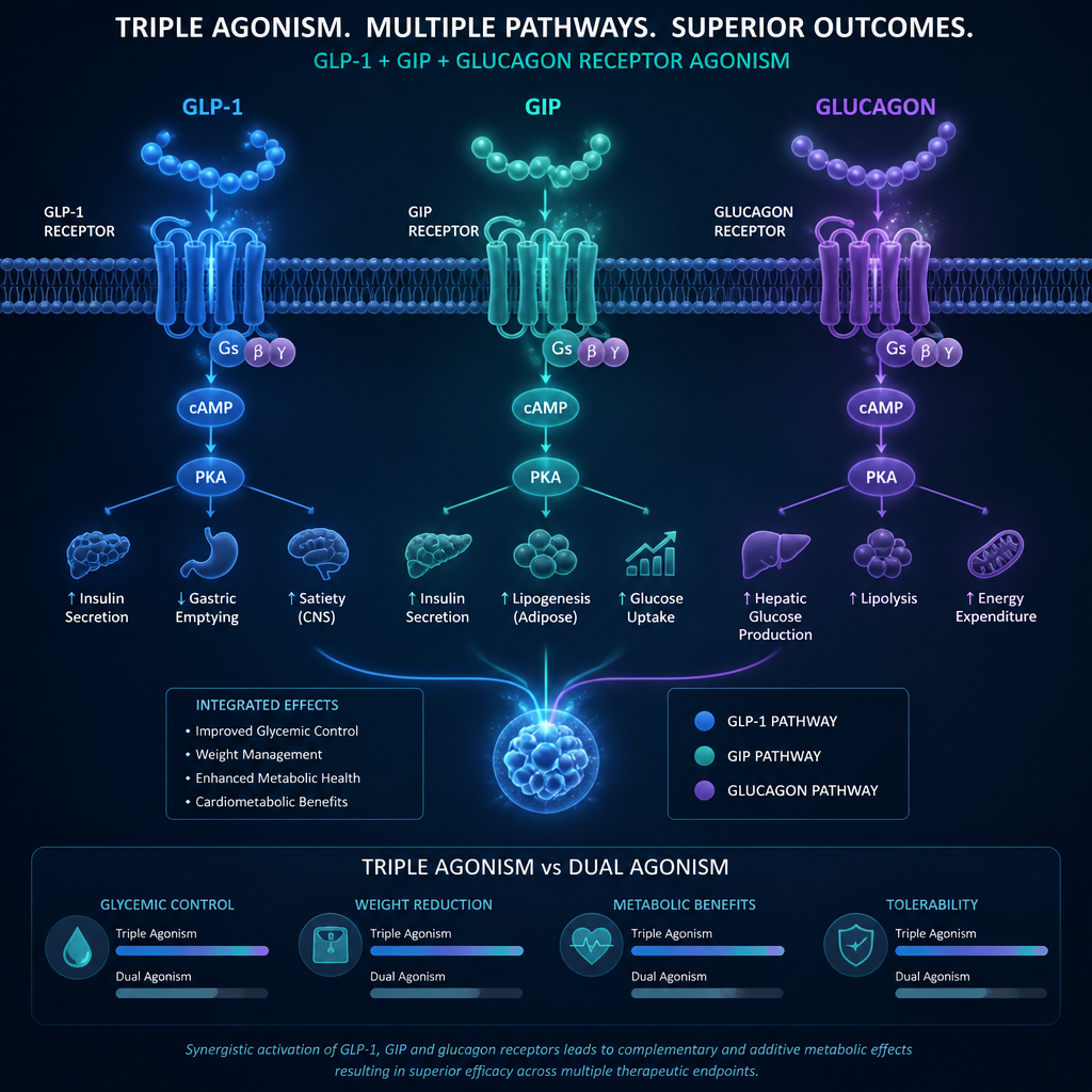 Visual diagram of receptor agonism pathways and metabolic signaling mechanisms