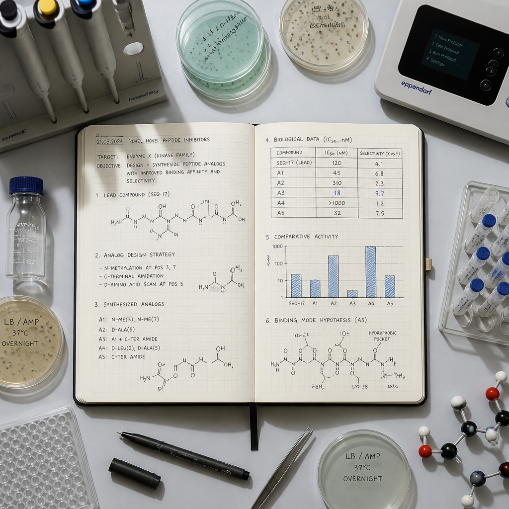 Research laboratory materials and comparative data documentation for peptide compound analysis
