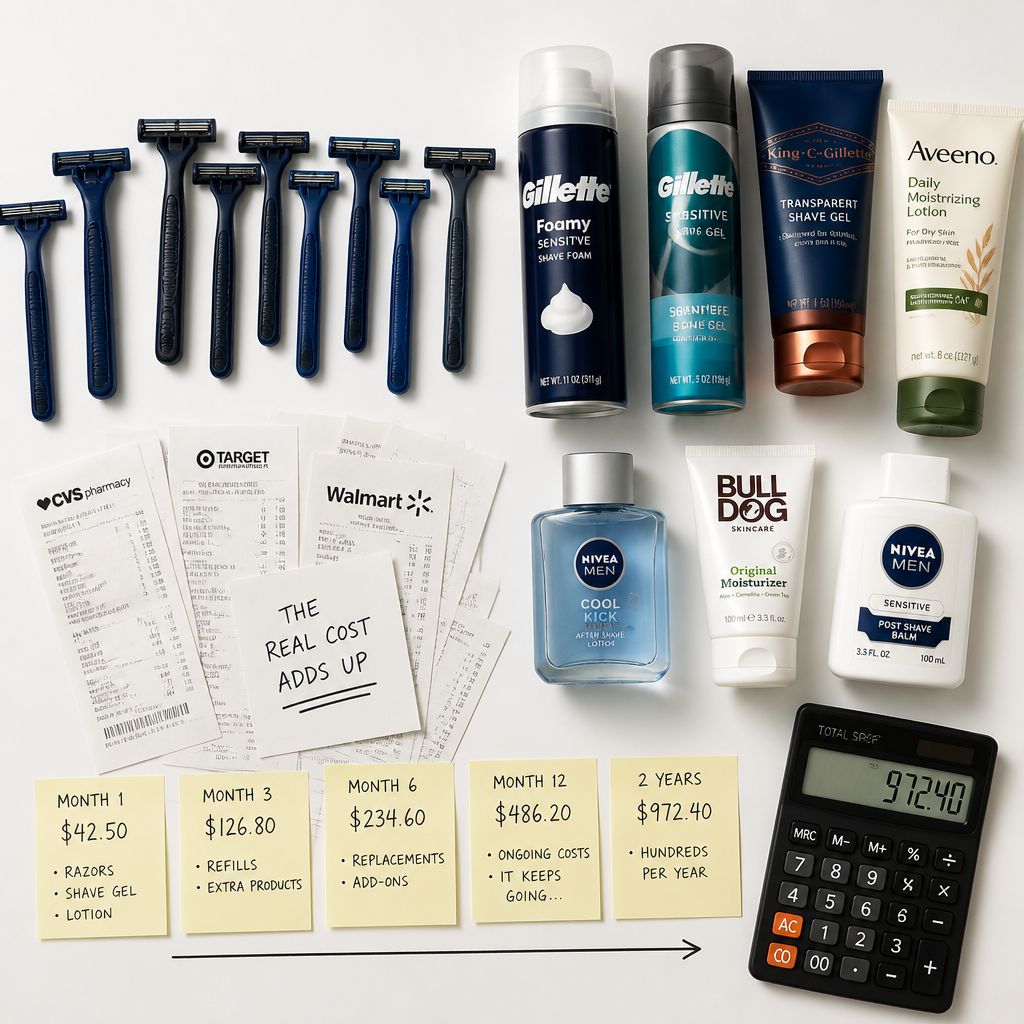 Flat lay of razors, shaving products, and receipts showing accumulated costs over time