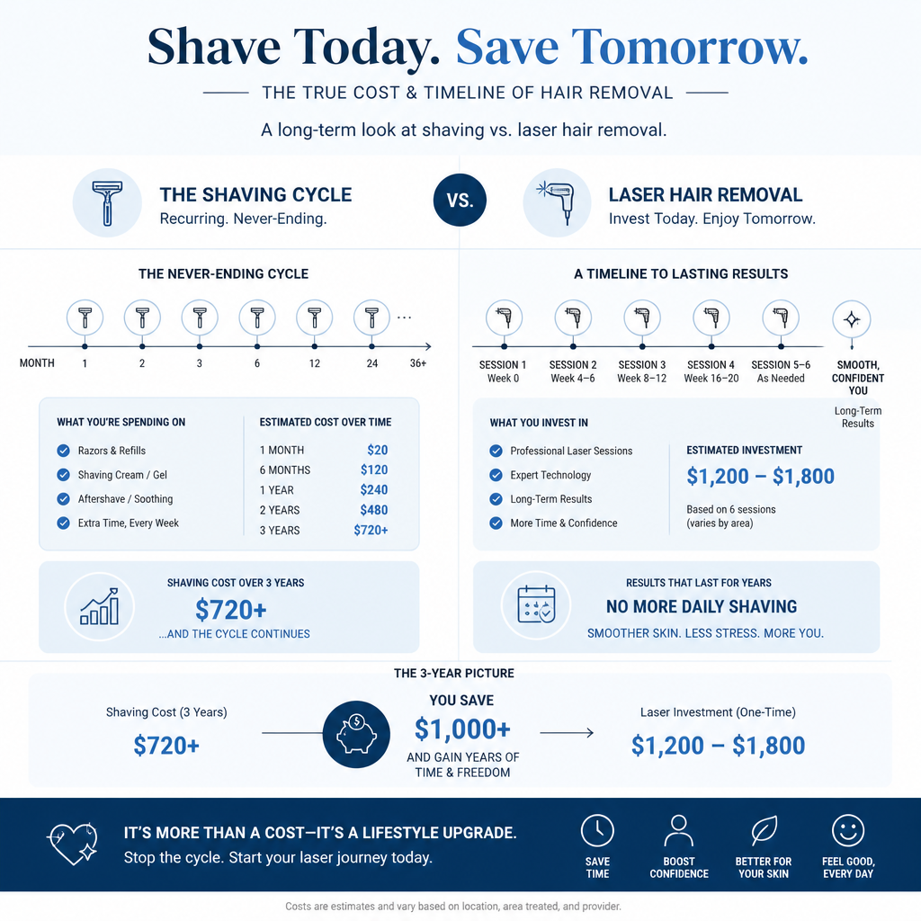 Comparison timeline graphic showing shaving costs versus laser hair removal investment over time