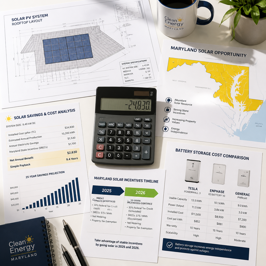Solar energy planning documents and financial analysis charts for Maryland incentive programs
