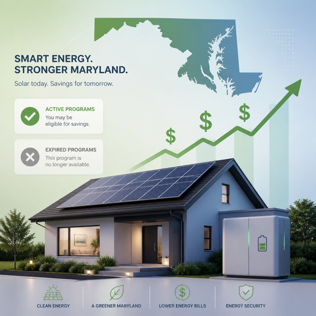 Illustration of Maryland home with solar panels and battery storage system showing active incentive programs