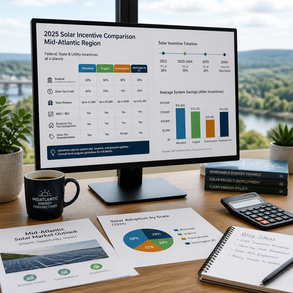 Workspace with computer displaying Maryland solar incentive comparison data and renewable energy analytics