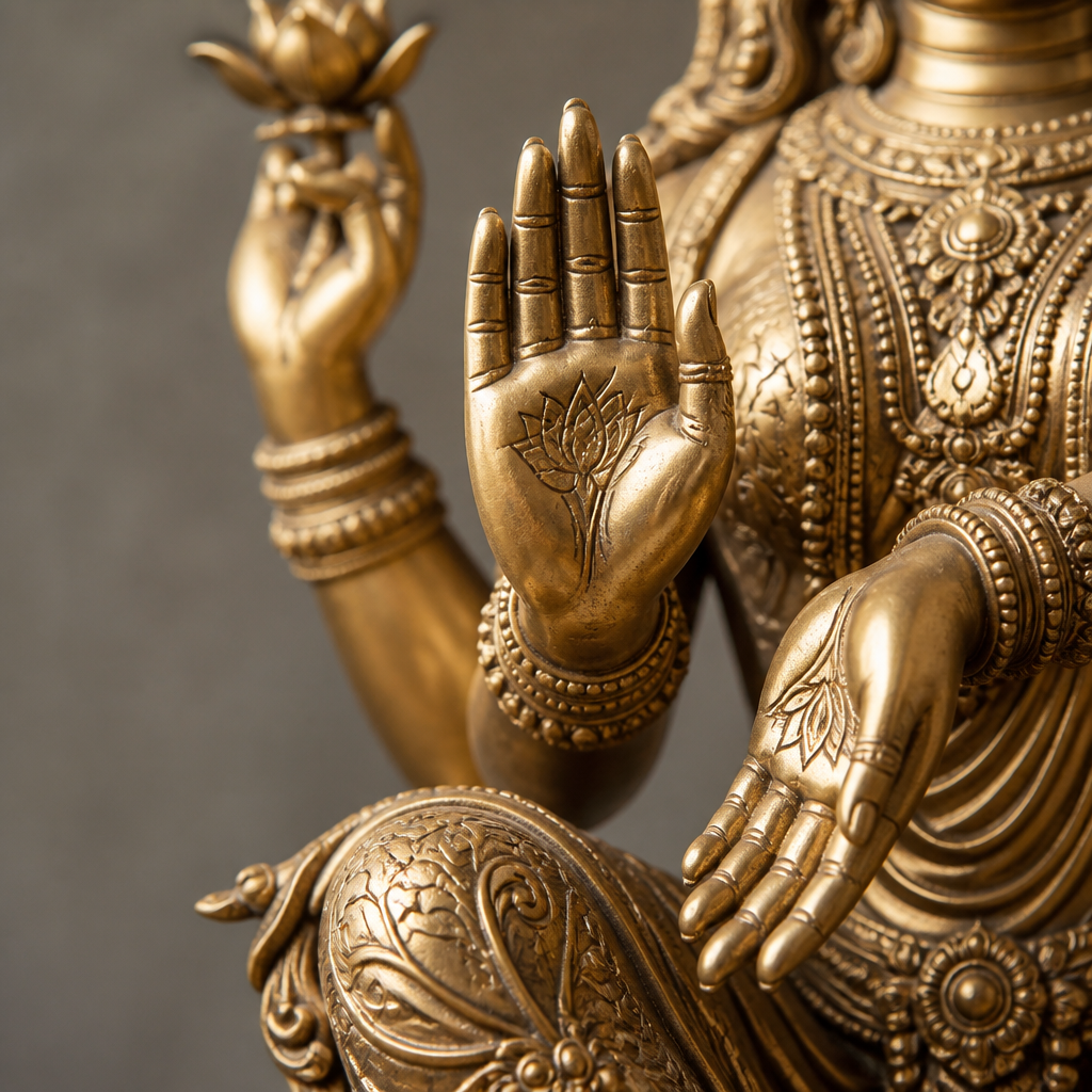 Vue détaillée des mains sculptées de la statue de Lakshmi affichant des gestes mudra et un positionnement symbolique
