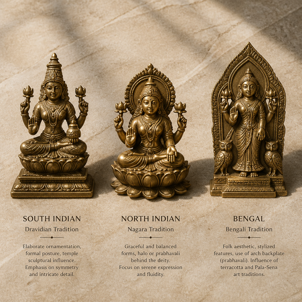 Trois styles régionaux de statues de Lakshmi disposés pour montrer les différences entre les traditions sculpturales