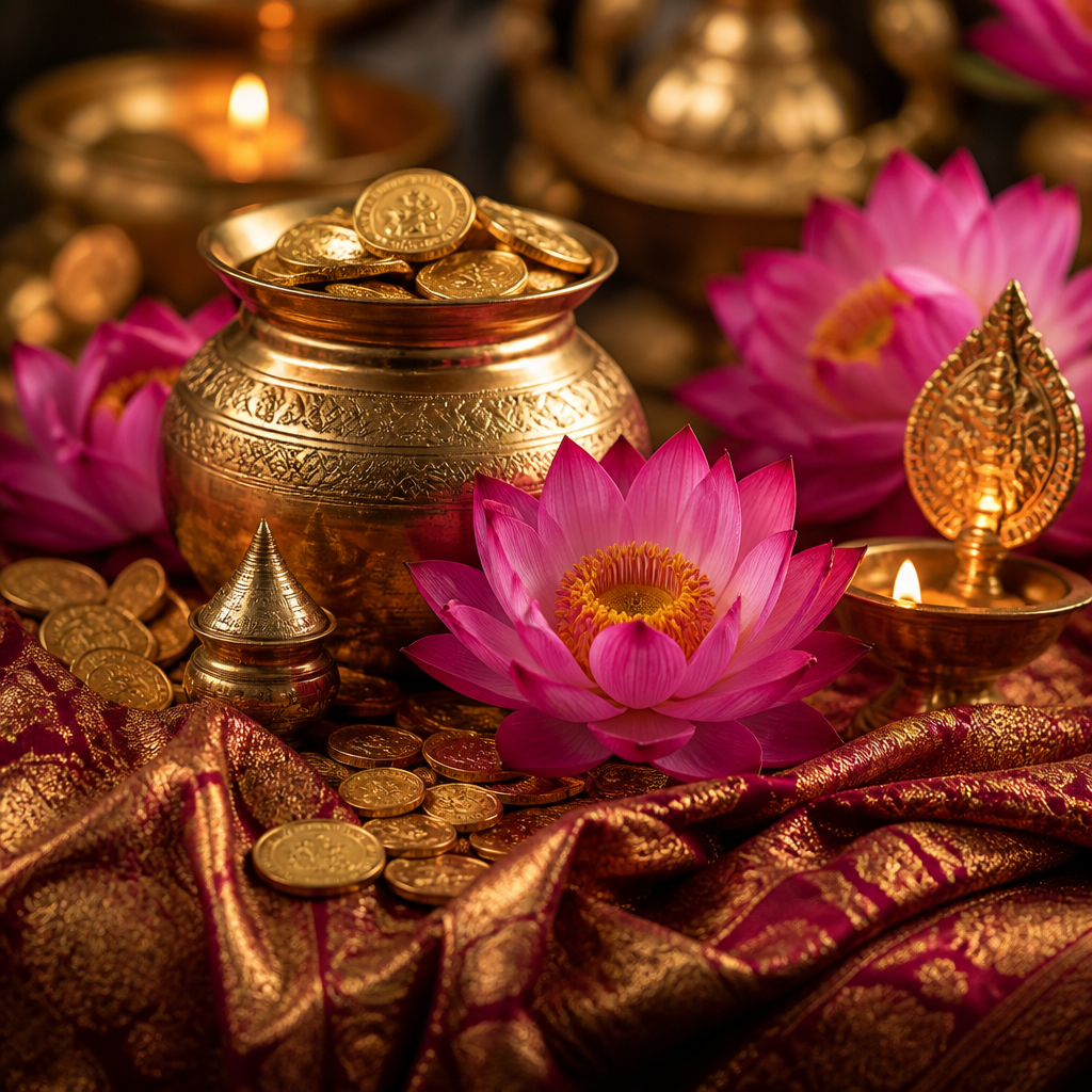 Objets symboliques représentant l'iconographie de Lakshmi, notamment des lotus, des pièces de monnaie et des vases sacrés