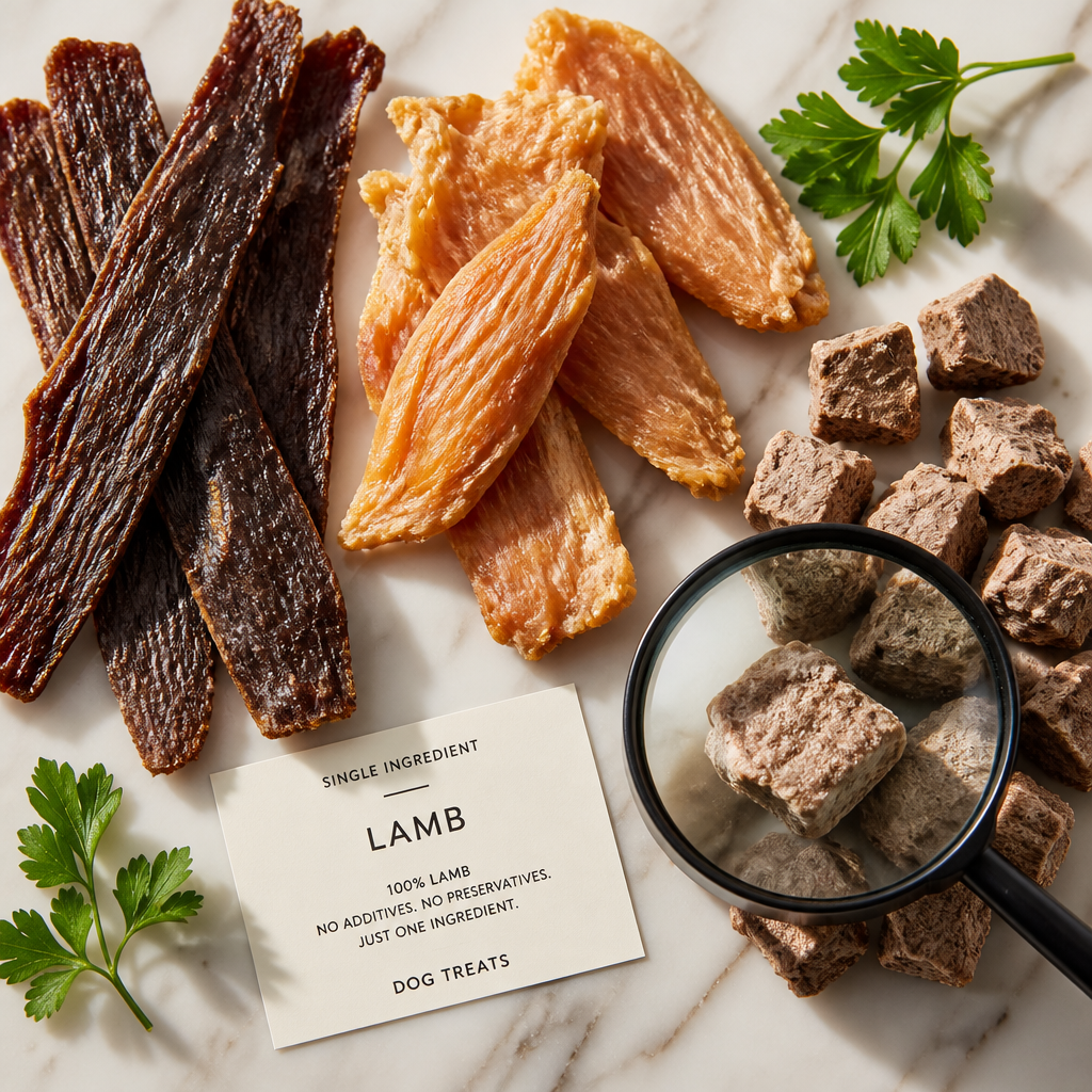 Premium single ingredient dog treats displayed on marble with magnifying glass and clean labels
