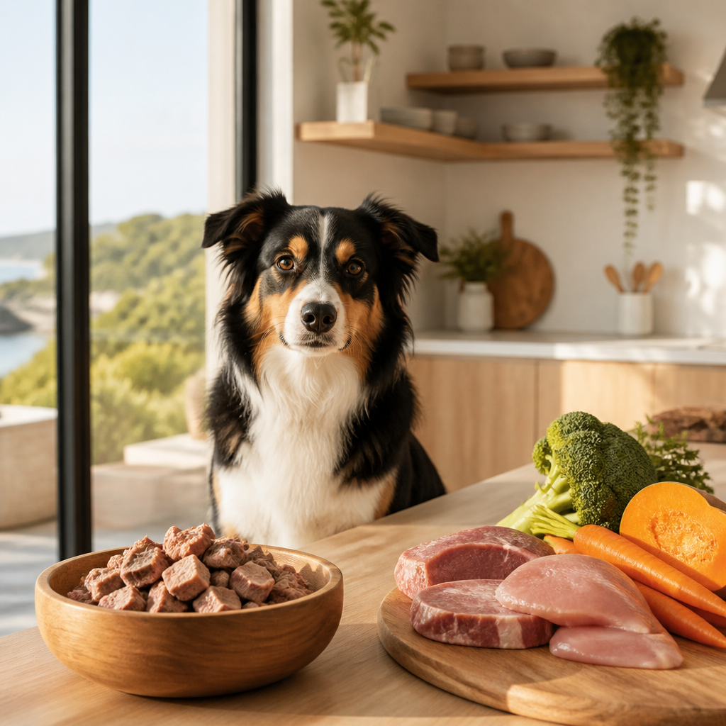 Healthy dog in kitchen with single ingredient treats and fresh food ingredients