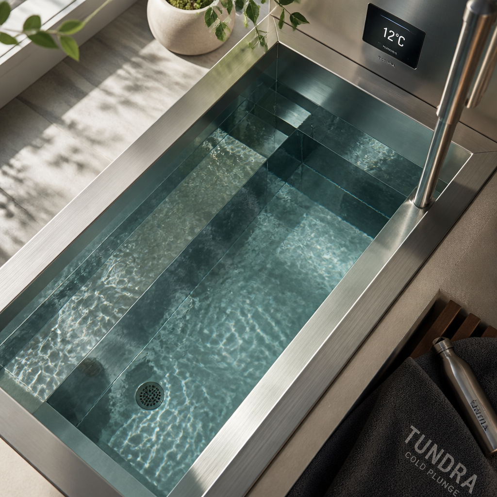 Cold plunge tub with controlled temperature water and digital thermometer display