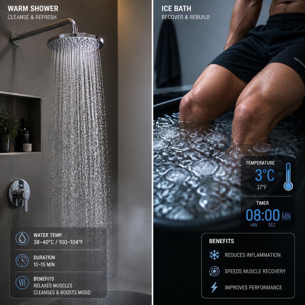 Visual comparison of shower cold water versus full-body ice bath immersion