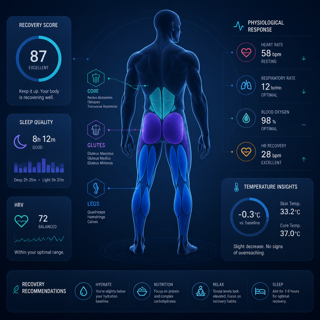 Abstract representation of muscle recovery zones and physiological responses to cold immersion