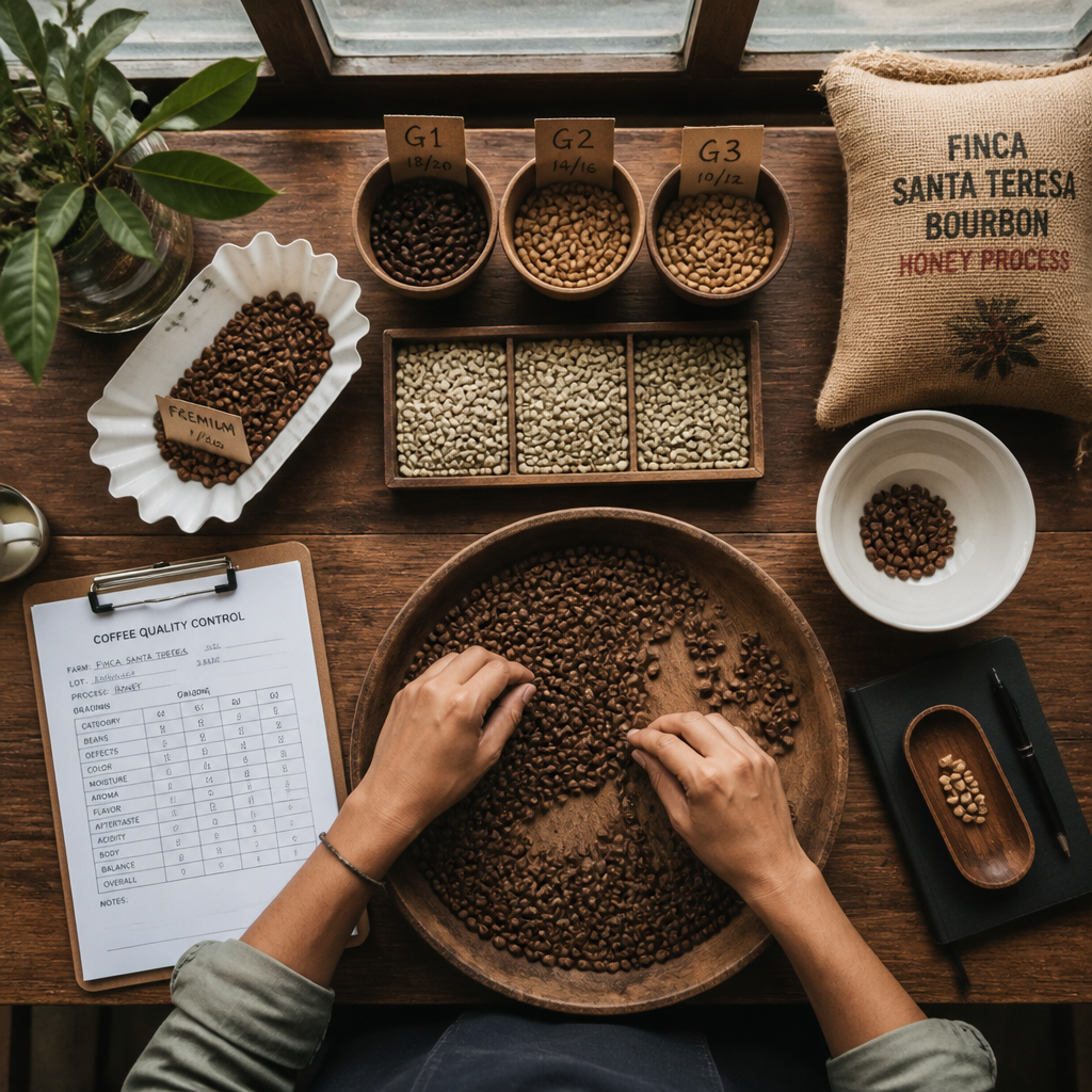 Coffee beans being carefully sorted and graded at an origin farm with hands selecting premium varieties