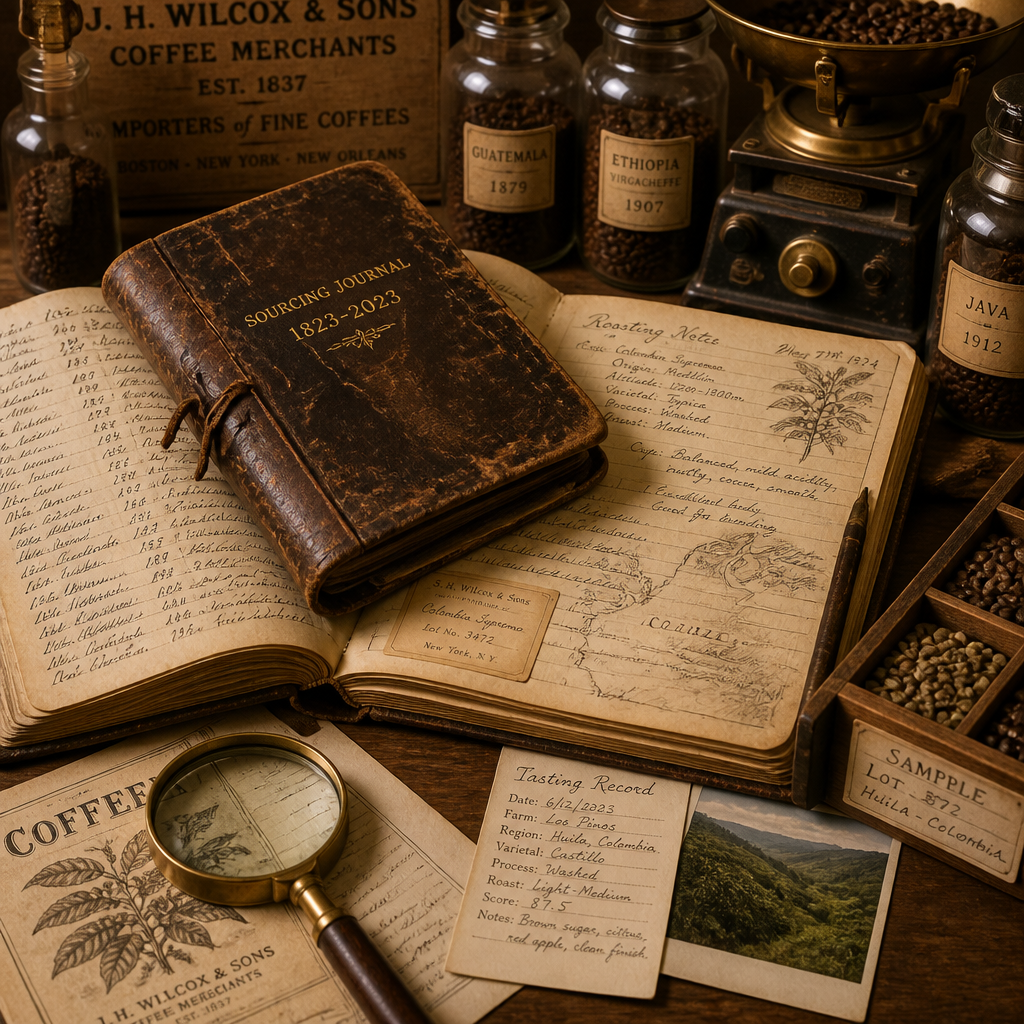 Historic documentation and sourcing records displayed with coffee samples in vintage style workspace