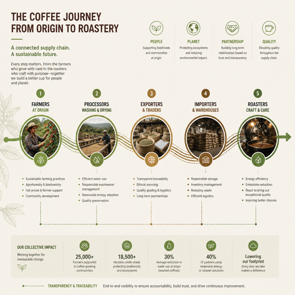Visual diagram illustrating the ethical coffee supply chain from origin farms through roasting process