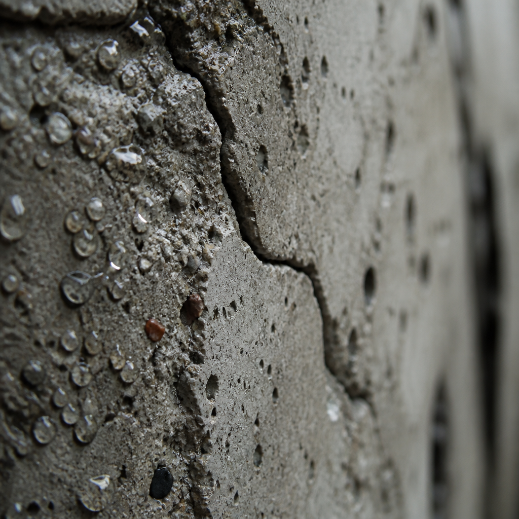 Detailed close-up of concrete showing moisture absorption and surface cracks