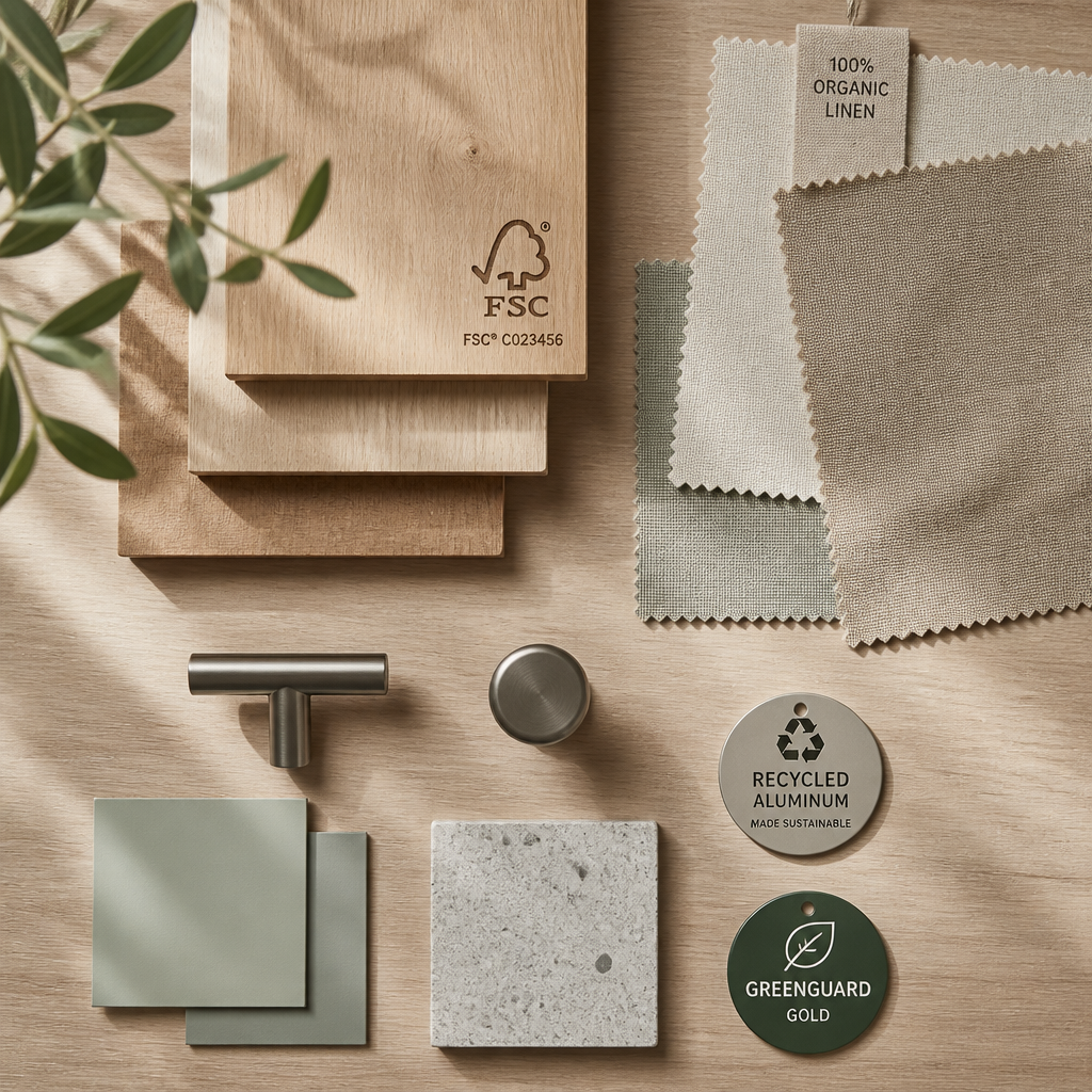 Arranged sustainable interior materials including wood, fabric, and eco-labels on natural surface