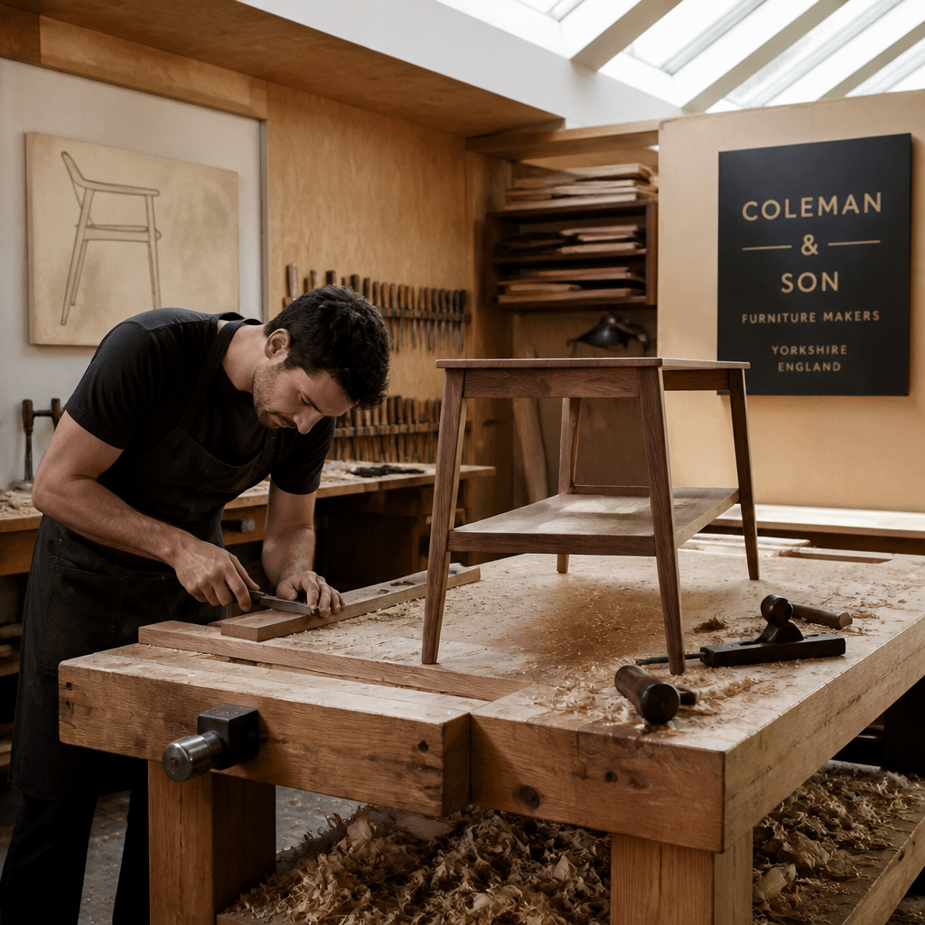 Artisanal furniture workshop with handcrafted wooden pieces and traditional tools