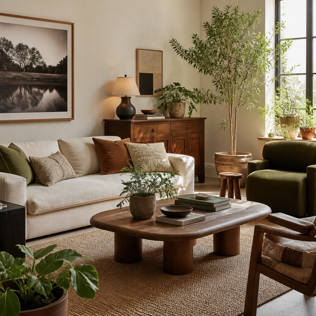 Sustainable living room combining vintage pieces and eco-conscious design elements