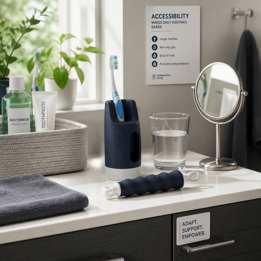 Organized bathroom counter with adaptive oral care setup and accessibility tools