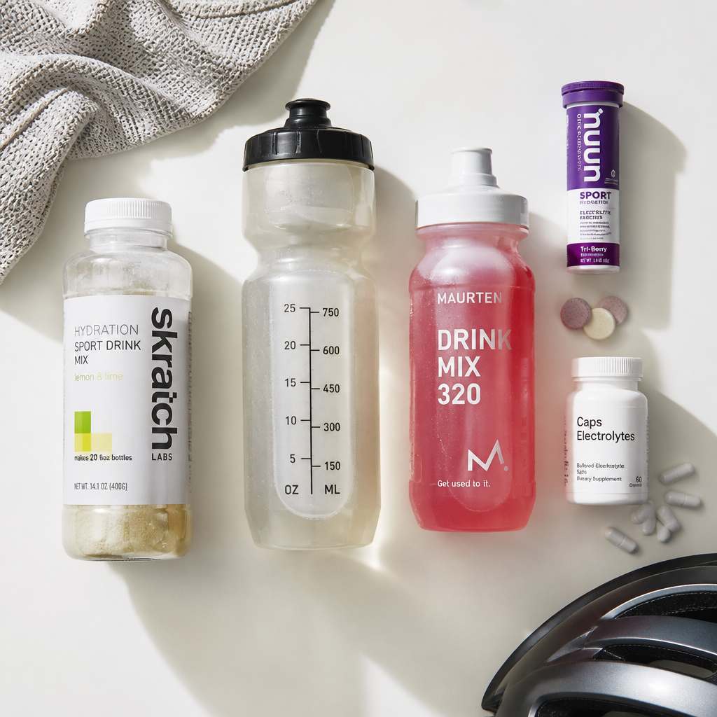 Sport-specific hydration products and electrolyte supplements displayed in flat lay arrangement