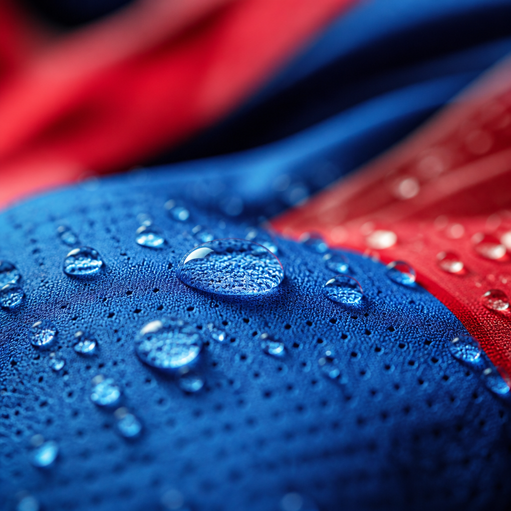Macro shot of water droplets on sports fabric representing sweat and hydration needs