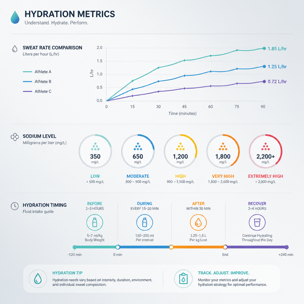 Abstract data visualization of hydration metrics and electrolyte timing across different sports
