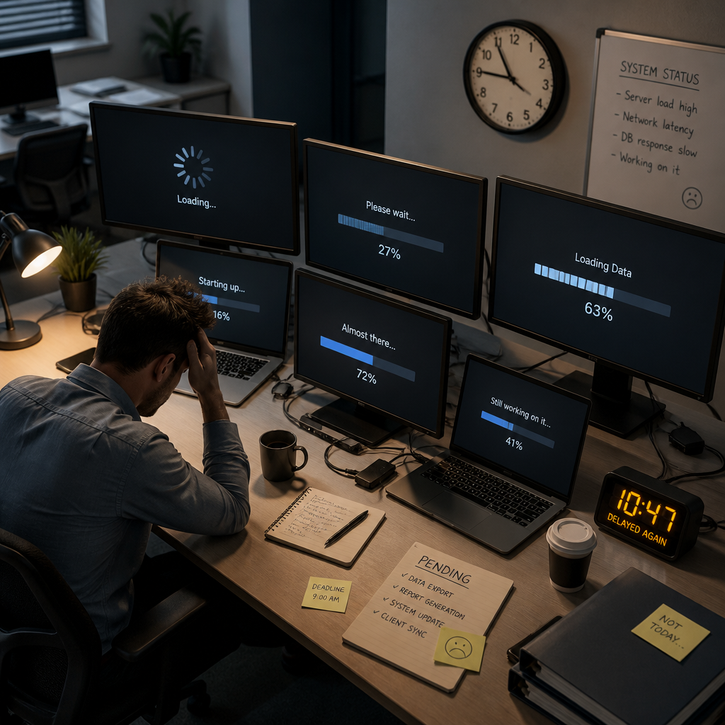 Office desk with multiple monitors showing loading screens and stuck progress bars