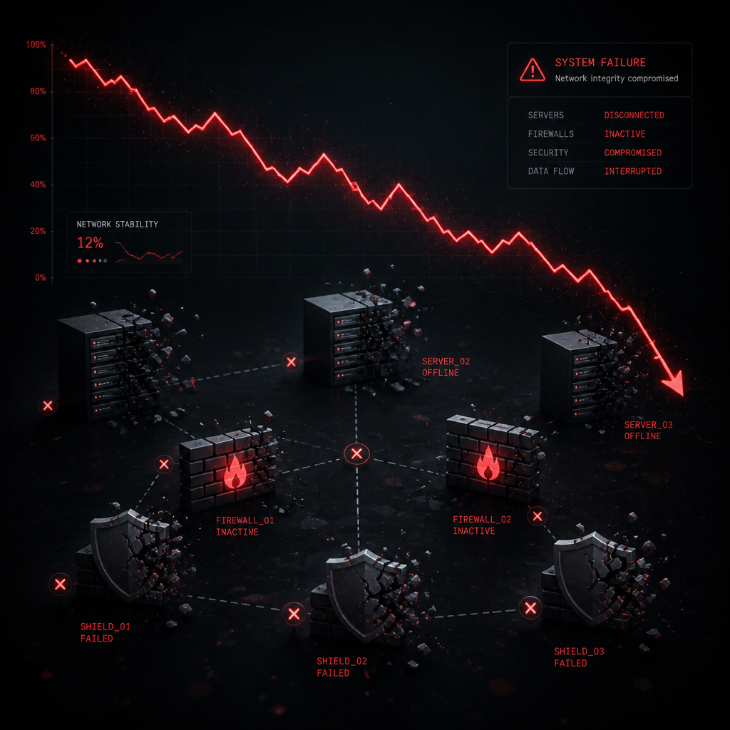 Abstract illustration of declining IT infrastructure with broken network connections and warning indicators
