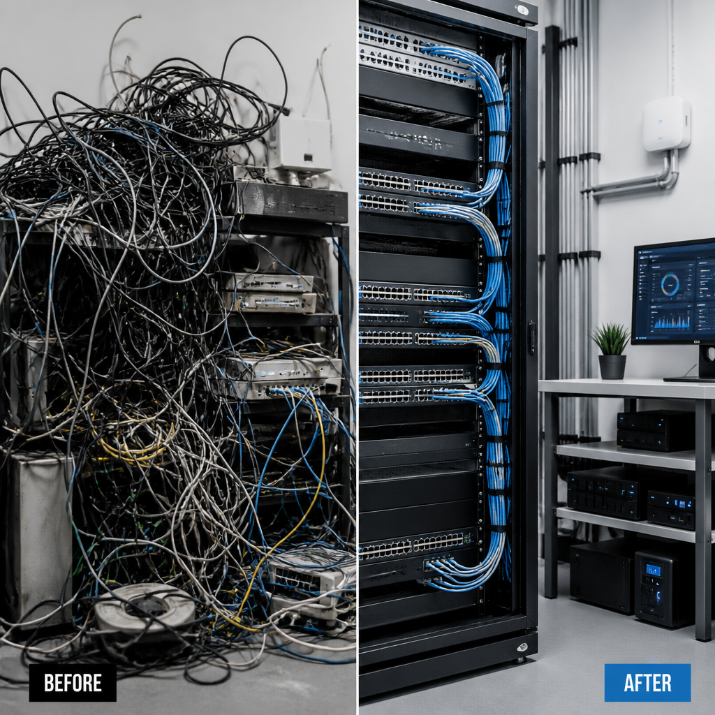 Before-and-after comparison of disorganized versus organized IT infrastructure setup