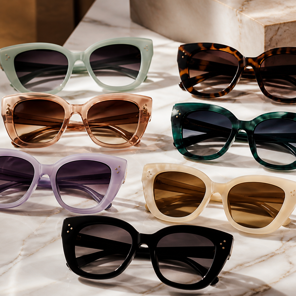 Collection of luxury sunglasses in cat-eye and oversized frame styles displayed on marble