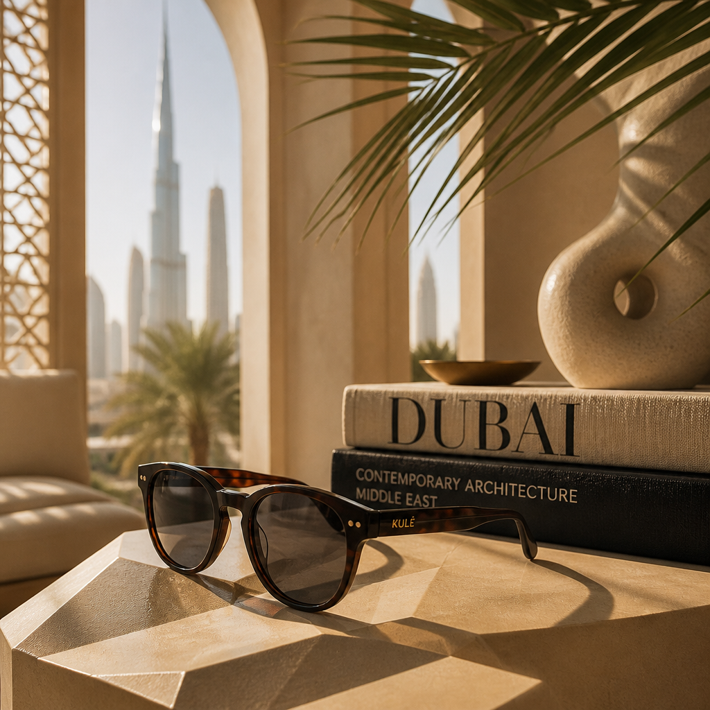 Sunglasses styled in a contemporary UAE-inspired interior with natural sunlight and modern decor
