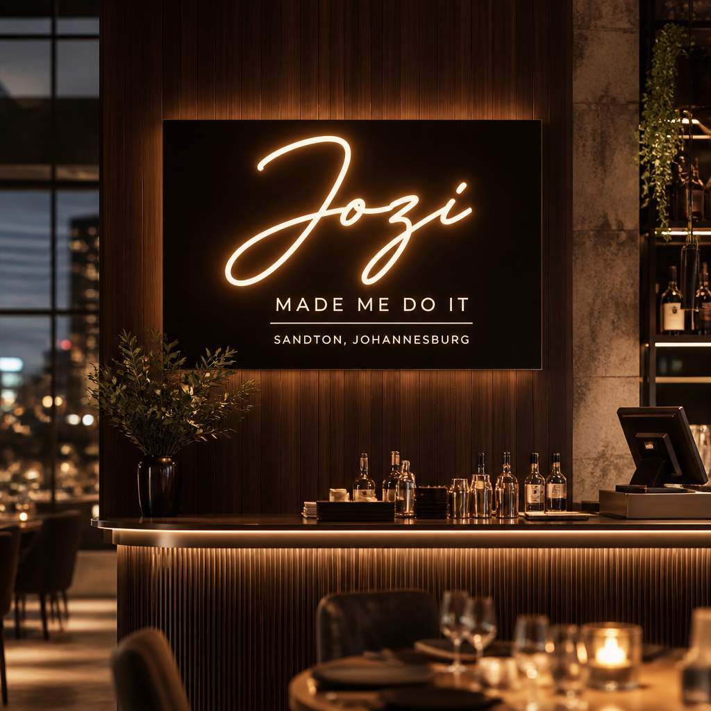 Glowing neon sign on acrylic backing board in a modern restaurant interior