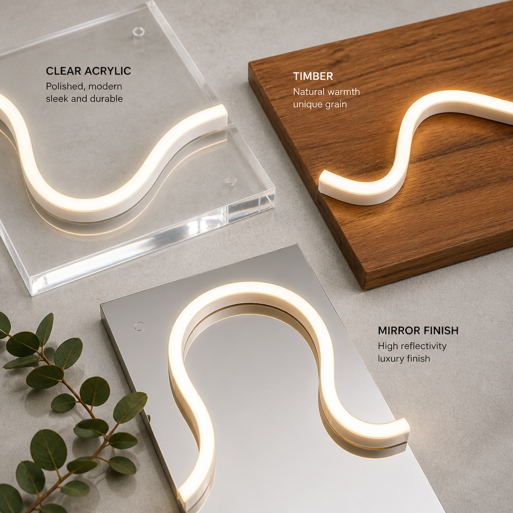 Three backing board material samples with LED neon flex demonstration