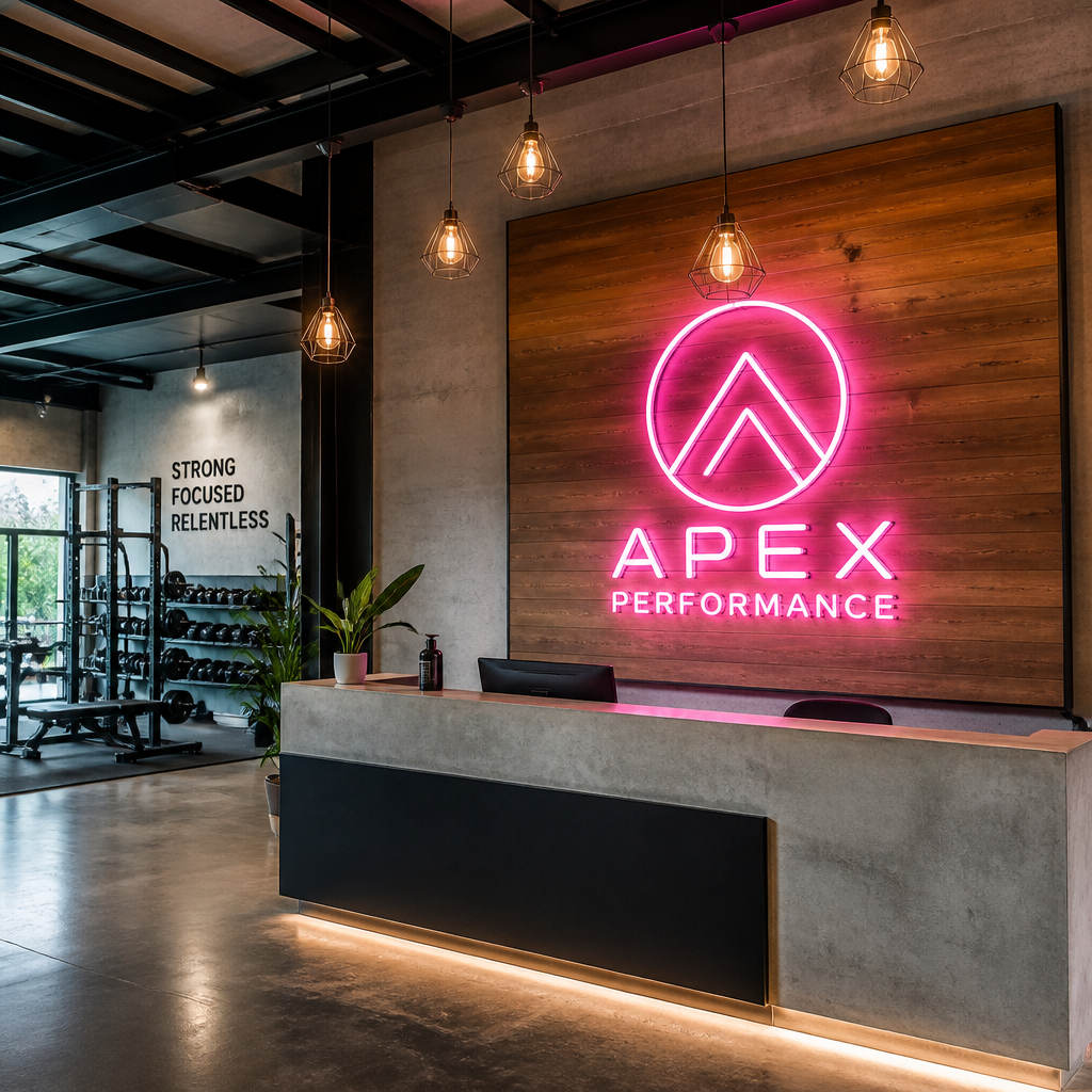 Custom neon sign on timber backing board in a modern fitness studio reception area