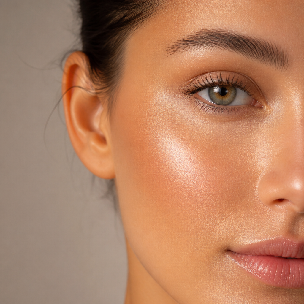 Close-up of smooth, glowing skin with even tone and radiant texture