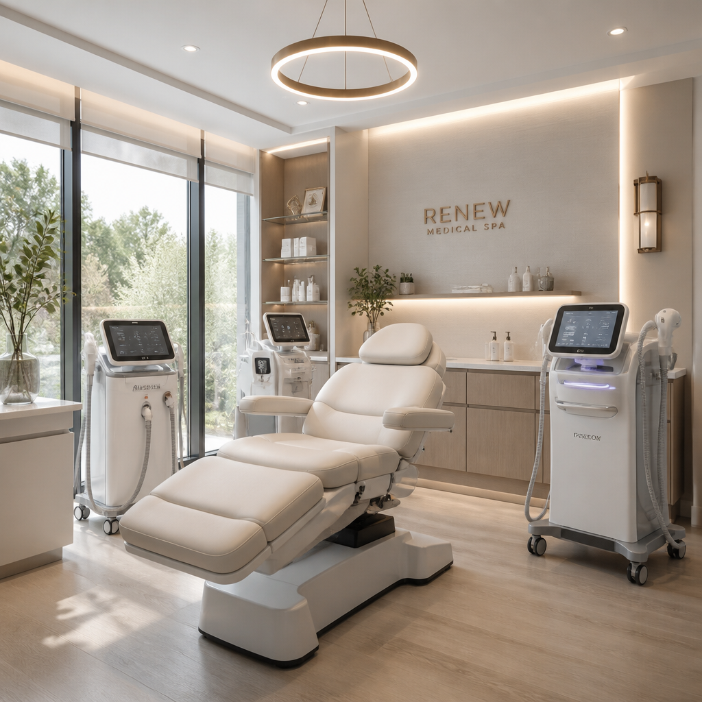 Contemporary medical spa treatment room with advanced skincare technology