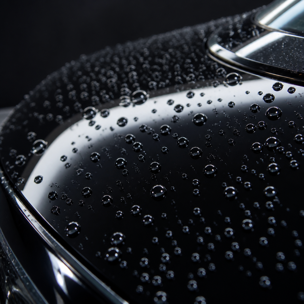 Closeup of perfectly glossy car paint with water beads reflecting professional ceramic coating
