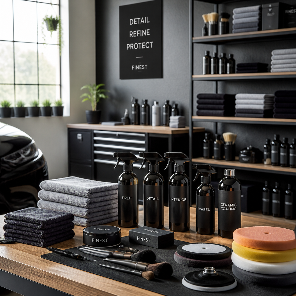 Professional auto detailing workshop with organized tools and equipment on clean workbench