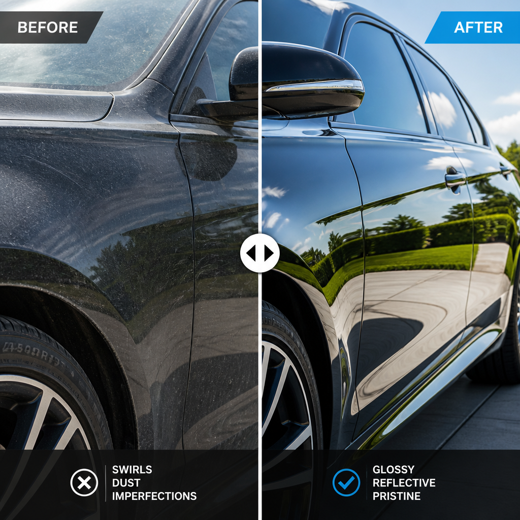 Before and after visual comparison showing dull versus perfectly detailed car paint