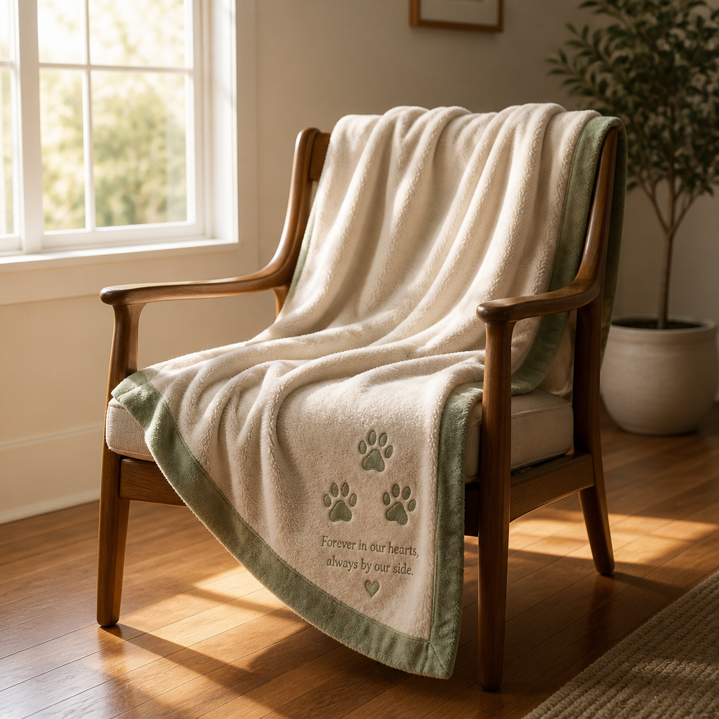 A folded memorial blanket with paw print embroidery draped over an empty armchair in a sunlit room