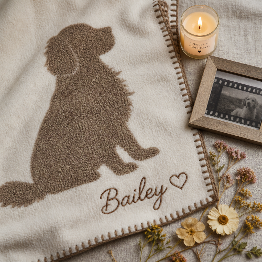 Detailed flat lay of a personalized pet memorial blanket with custom pet silhouette and name embroidery